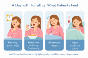 Infographic showing a day with tonsillitis symptoms including sore throat, difficulty swallowing, fatigue, and fever