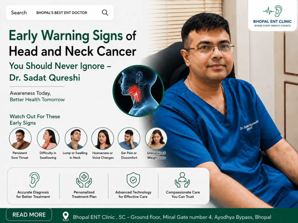 Early warning signs of head and neck cancer infographic featuring Dr. Sadat Qureshi of Bhopal ENT Clinic, highlighting persistent sore throat, difficulty swallowing, neck lump or swelling, hoarseness, ear pain, and unexplained weight loss.