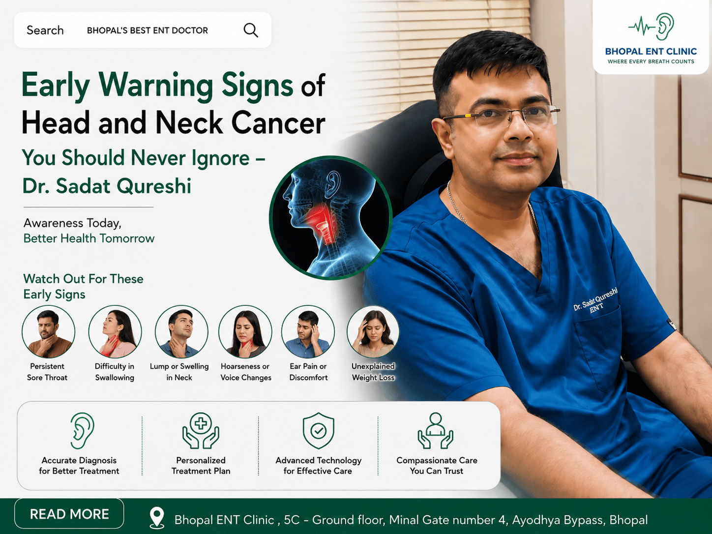 Early warning signs of head and neck cancer infographic featuring Dr. Sadat Qureshi of Bhopal ENT Clinic, highlighting persistent sore throat, difficulty swallowing, neck lump or swelling, hoarseness, ear pain, and unexplained weight loss.