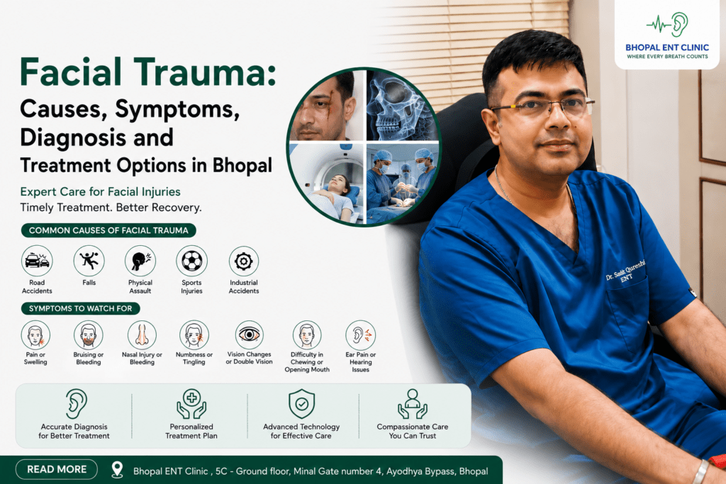 Facial trauma medical banner featuring an ENT specialist and information on causes, symptoms, diagnosis and treatment in Bhopal.